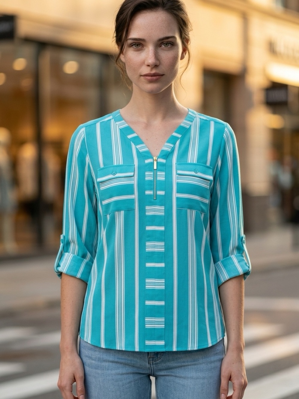 Kim Rogers Turquoise and White Striped V-Neck Utility Tunic - Size Large